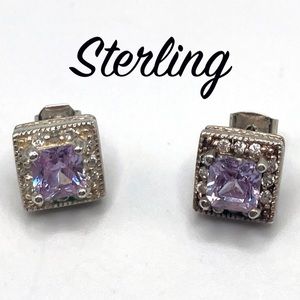 925 Sterling Silver vintage Square Earrings With Purple and CZ Stones studs